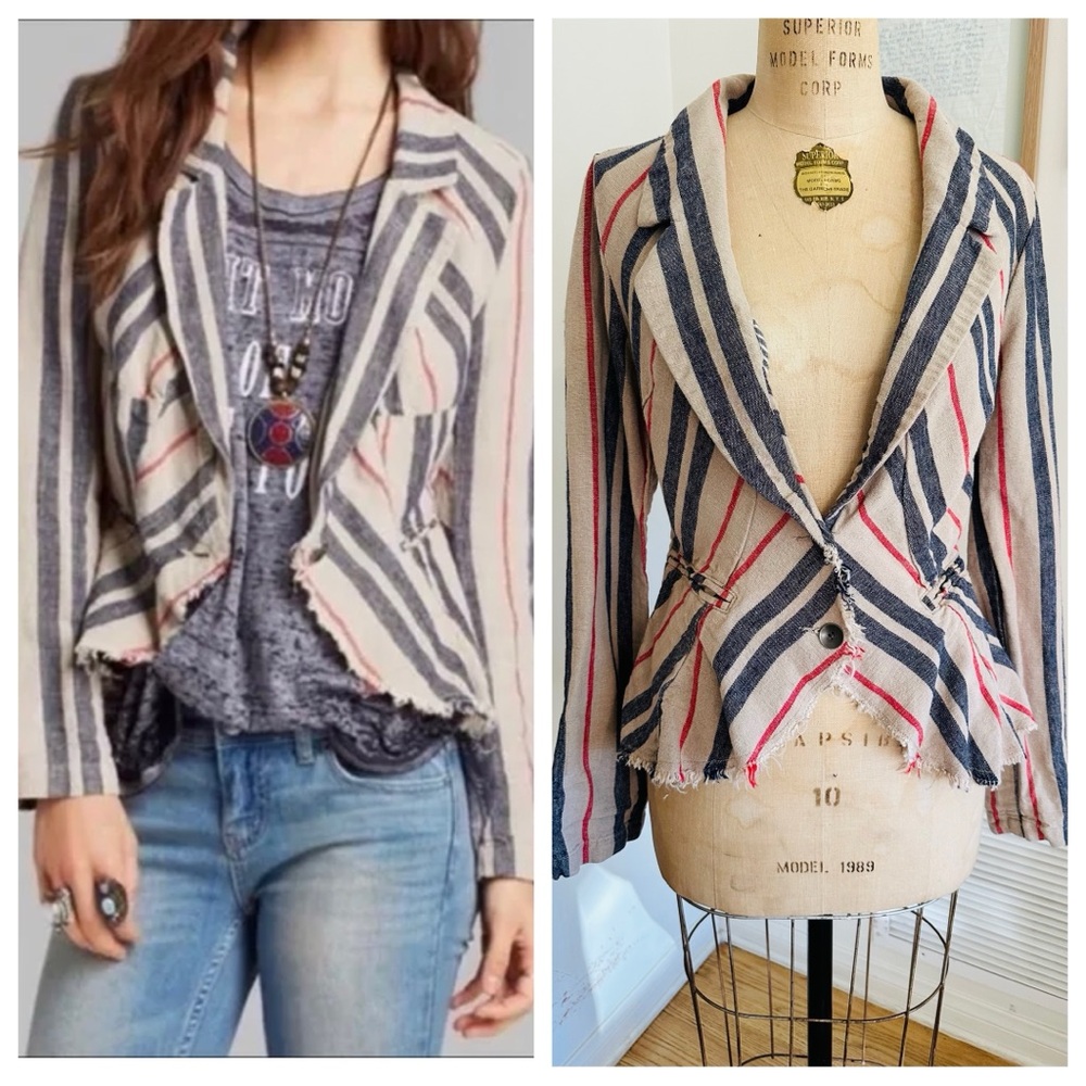 Free People Rumble Striped Linen Peplum Blazer, Sz 8